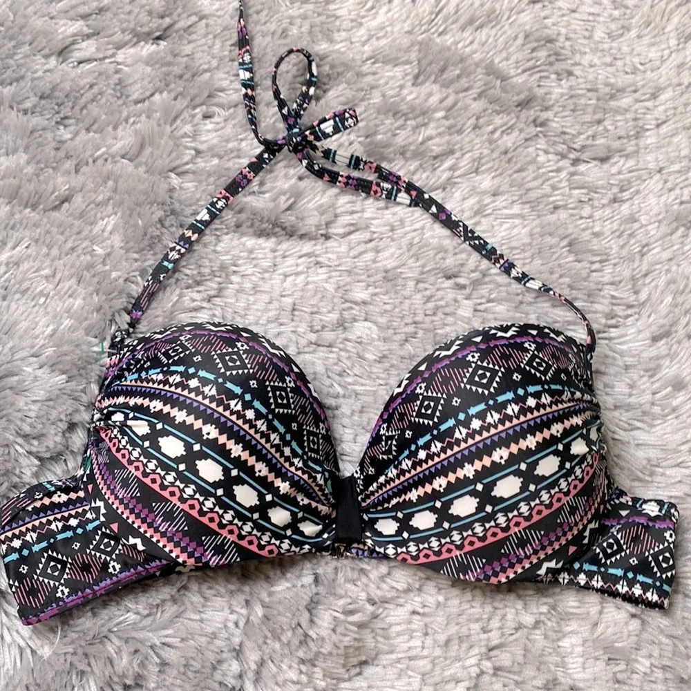 Halter-Style Black & Multi-Colored Swimsuit Top Size Medium Excellent Condition